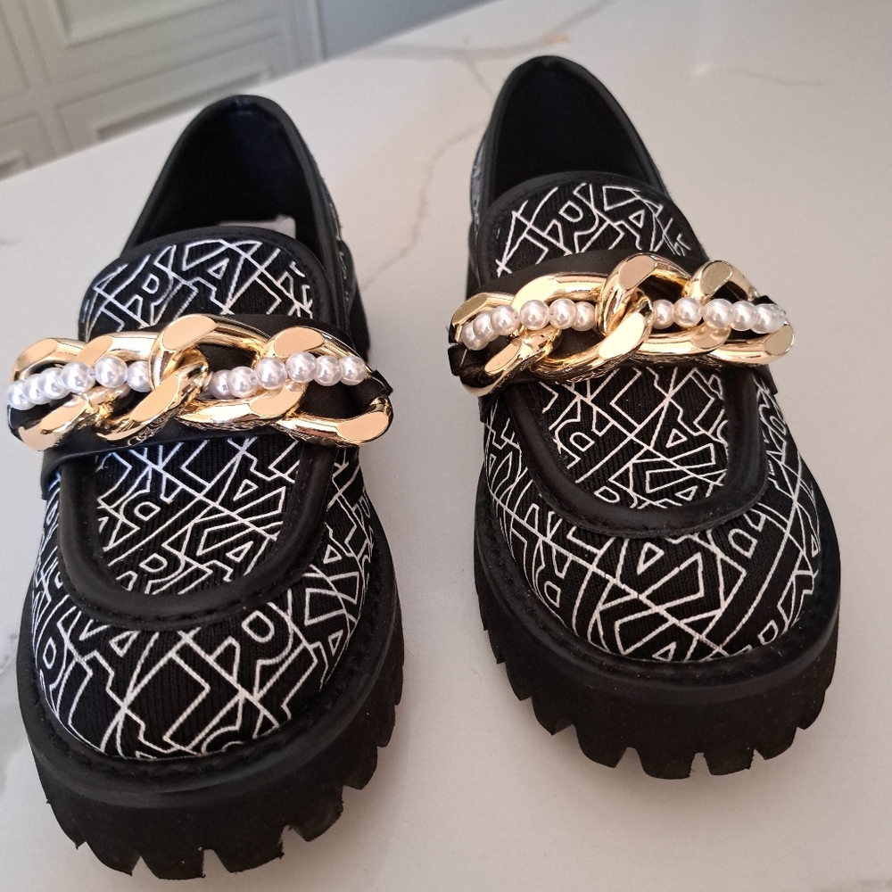Karl Lagerfeld Black and White Loafers with Gold Accents